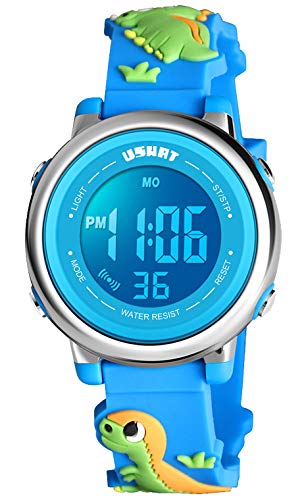 Kid Watch 3D Cute Dinosaur Cartoon Multi Function 50M Waterproof Sport LED Alarm Stopwatch Digital Child Wristwatch for Boy Girl Blue