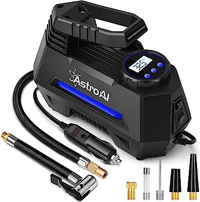 Book Cover AstroAI Portable Air Compressor Pump, Tire Inflator with Gauge 12V DC Digital Car Air Pump 100PSI with LED Light, Larger Air Flow, Extra Nozzle Adaptors for Car, Bicycle, Motorcycle Ball Air Mattress
