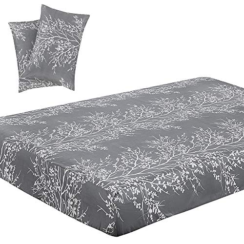 Vaulia Soft Microfiber Sheets, Tree Branch Printed Pattern, Grey Queen Size, 3-Piece Set (1 Fitted Sheet, 2 Pillowcases)