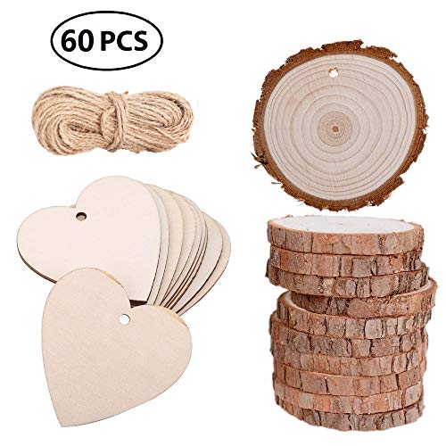 Vamotto 60 Pack Wood Crafts Predrilled with Hole, 50 Pcs 2.4inch Wooden Heart & 10 Pcs 2.1-2.7Inch Wood Slices Craft Wood kit Unfinished Wooden Circles for Art and Crafts Christmas Ornament DIY Crafts
