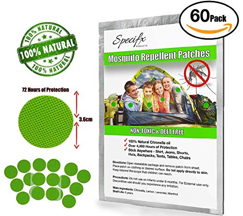 Specifx Mosquito Repellent Patch Sticker - 3.6cm Resealable (60 Pack) - 100% All Natural - Great for Travel- Safe for Infants, Kids & Adults - Anti Insect Stickers - Best Deet Free Oil Patches.