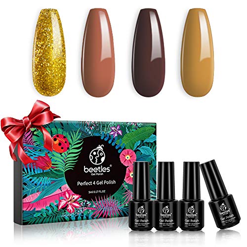 Beetles Gel Nail Polish Set, 4 Pcs Color Mini Kit Yellow Glitter Orange Brown Gel Polish Kit Soak Off UV Nail Lamp LED Cured, 5ml Each Bottle for Nail Art Christmas Gift Kit