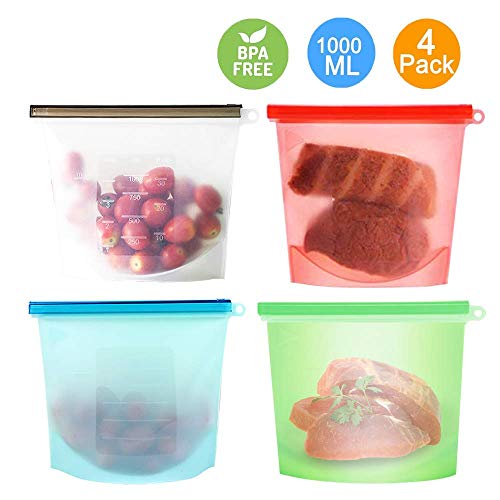 Aibrisk Food Storage Bags, Reusable Silicone Food Bag, 4 PCS 1000ml BPA Free and FDA Approval, Eco Friendly Convenience for Prep, Baby Food, Lunches (4, 33OZ)