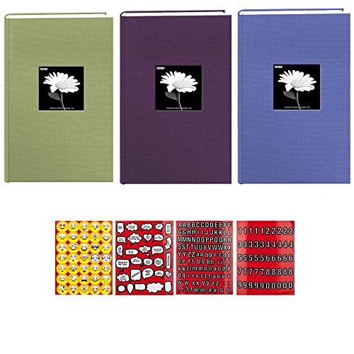 Book Cover Pioneer Set of 3 Colors Fabric Frame Cover Photo Albums 300 Pockets Hold 4x6 Photos + Stickers 4 Pages of Emojis, Quotes, Letters & Numbers