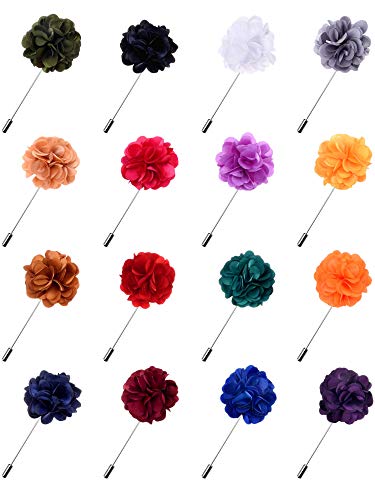 Fanrel 16 Pieces Flower Men's Lapel Pins Handmade Satin Boutonniere Pin for Suit Wedding Groom with a Box