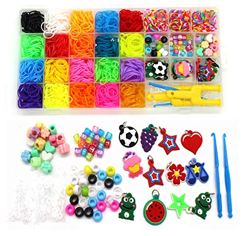 Rainbow Rubber Bands Refill Kit-Assorted Colors Loom Bands(2000+)-24 S-Clips, 2 Y Looms, 60 Beads, 10 Charms, 2 Backpack Hooks,Crochet Hooks-loom bands Add On Accessories-Bracelet Making Kit For Kids