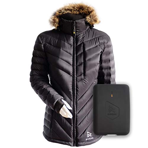 Book Cover Ravean 2019 Version 100% Down Heated Jacket for Women w/Detachable Hood & Rechargeable 12v Battery