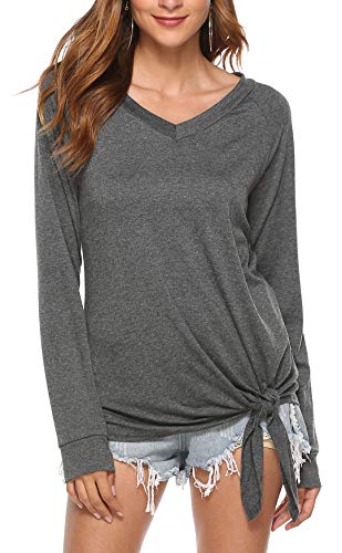 Halife Long Sleeve T Shirt Women V Neck Loose Fit Tie Front Tops Casual Blouses