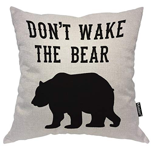 Moslion Throw Pillow Cover Don't Wake The Bear 18x18 Inch Portrait Cool Animal Funny Quote Black White Square Pillow Case Cushion Cover for Home Car Decorative Cotton Linen
