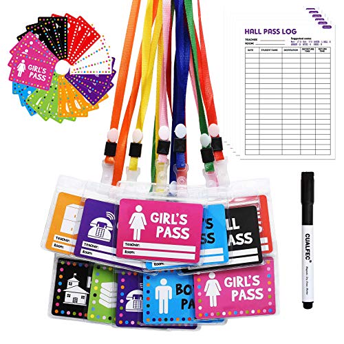 Cualfec Hall Pass for School Adorable Designs for Kids Favor with Bonus Hall Pass Log and Blank DIY Cards Waterproof Kit - 12 Sets