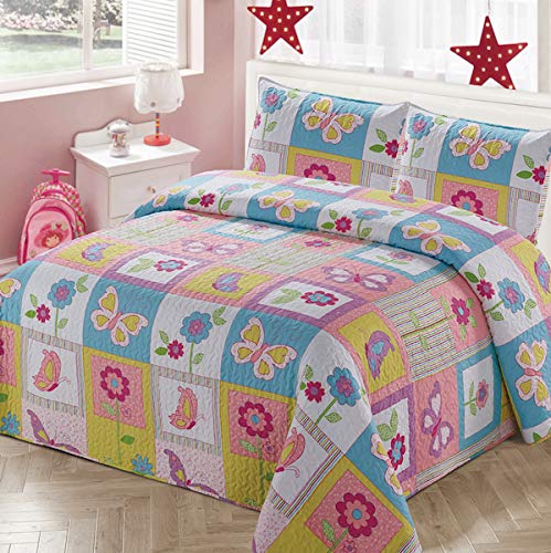 Luxury Home Collection 2 Piece Twin Size Quilt Coverlet Bedspread Bedding Set for Kids Teens Girls Patchwork Butterfly Flower Pink Yellow White Blue Green Purple (Twin Size)