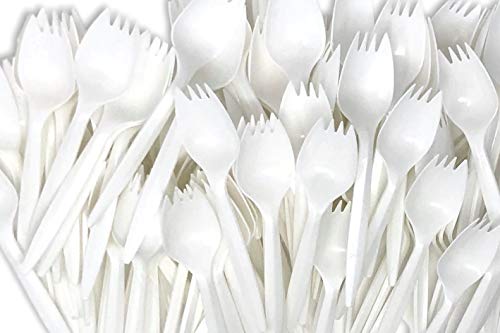Book Cover White Plastic Disposable Sporks (100 pcs) - School Lunch, Party Supplies, Picnics - Eco-Friendly and BPA Free
