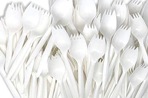 White Plastic Disposable Sporks (100 pcs) - School Lunch, Party Supplies, Picnics - Eco-Friendly and BPA Free
