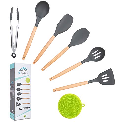 Book Cover Kitchen Utensil Set,Silicone Cooking Utensils with Wooden Handles,7PCS Kitchen Tools Spatula Set Spoon for Nonstick Cookware,Kitchen Gadgets with Turner Tongs Scrubber,Apartment Essentials Best Gifts