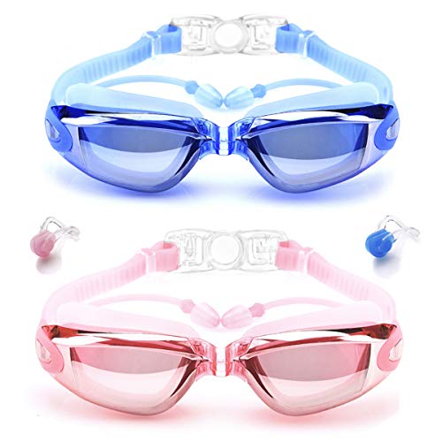 mountop Swim Goggles with Conjoined Ear Plugs, Pack of 2 Anti Fog No Leaking UV Protection Swimming Goggles for Women Men Adult Youth Blue&Pink