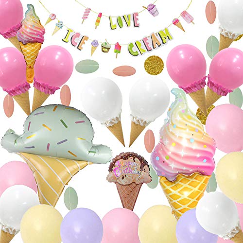 Book Cover Ice Cream Party Decorations - 62Pcs,Ice Cream Party Supplies with Ice Cream Banner,DIY Ice Cream Balloons,Ice Cream Mylar Balloons,Pastel Balloons for Summer Girls Kids Birthday Party Baby Show Decorations