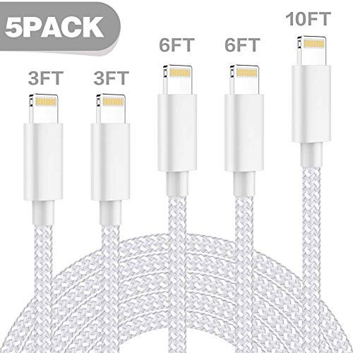 Book Cover iPhone Charger，AIOXQNL MFi Certified Lightning Cable 5 Pack（3/3/6/6/10FT） Compatible iPhone Xs/Max/XR/X/8/8Plus/7/7Plus/6S/6S Plus/SE/iPad/Nan More-Black