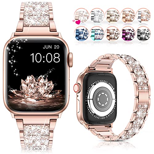 Book Cover LELONG for Apple Watch Band 41mm 38mm 40mm Series 7 Series 6 5 4 3 2 1 SE, Bling Replacement Bracelet iWatch Band, Diamond Rhinestone Stainless Steel Metal Wristband Strap