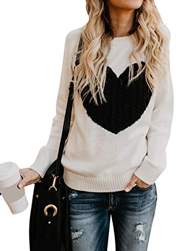 Cogild Women's Pullover Sweater Long Sleeve Crewneck Jumper Cable Knit Heart Cute Sweater Tops