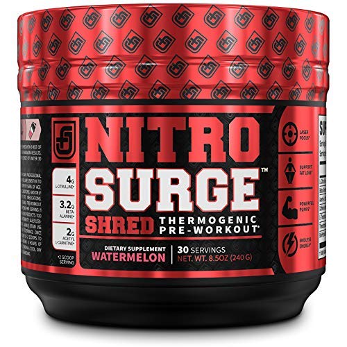 NITROSURGE Shred Pre Workout Supplement - Energy Booster, Instant Strength Gains, Sharp Focus, Powerful Pumps - Nitric Oxide Booster & PreWorkout Powder - 30Sv, Watermelon