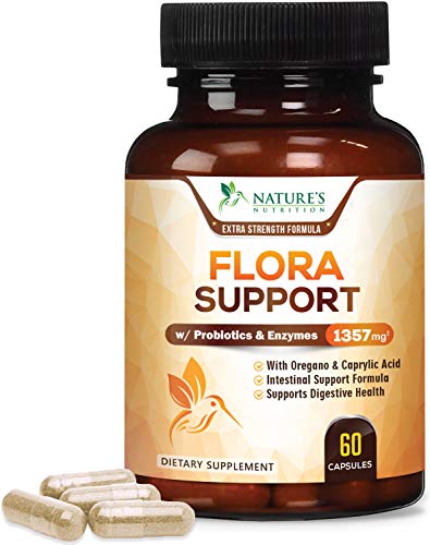 Flora Support Extra Strength with Probiotics 1357mg - Intestinal Flora Support - Made in USA - Cleansing Complex with Oregano, Black Walnut, Caprylic Acid for Women and Men - 60 Capsules