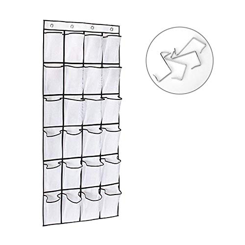 TFCFL Over The Door Shoe Organizer (24 Pockets) Hanging Closet Organizer and Space Saver, Thick Oxford Woven Fabric, Heavy-Duty Hang Hooks, Flexible Wall Rack, Supports Men and Women (White)