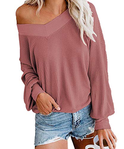 INWECH Women's Off Shoulder Tops Pullover Sweater Waffle Knit Shirt Long Sleeve V Neck Loose Knitted Blouse Tops Tunics