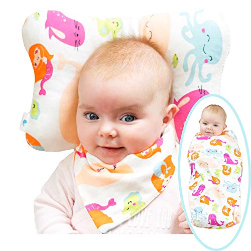 Book Cover WhaleCare Baby Flat Head Pillow, Blanket, and Bib Set - Breathable Organic Cotton Head Pillow for Flat Head Syndrome Protection - Plus Cute Cotton Blanket and Bib for Baby/Infant Boy or Girl