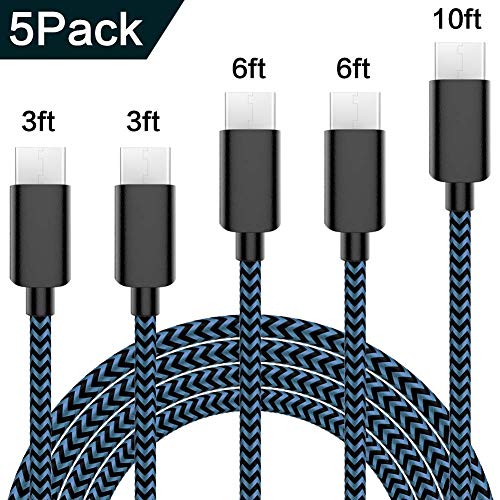 Book Cover USB Type C Cable 5Pack (3/3/6/6/10FT) Nylon Braided USB C Cable Fast Charger Charging Cord Compatible Samsung Galaxy S9 S8 Note 9 Note 8 Plus,LG V30 G6 G5 V20,Google Pixel, Moto Z2 and More