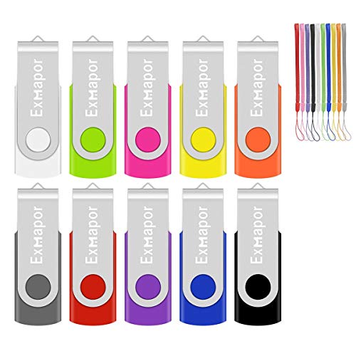 USB Flash Drive Bulk 10 Pack, Exmapor 2GB USB Thumb Drive Swivel Metal Shell Memory Stick with LED Indicator Lanyards Mix Colors