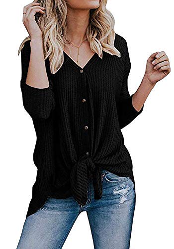 Halife Womens Waffle Knit Tunic Blouse Long Sleeve V Neck Button Down T Shirts Tie Front Tops