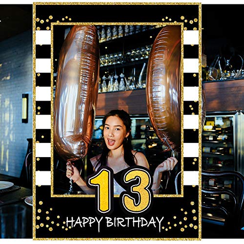 13th Birthday Selfie Photo Booth Frame Black and Gold Birthday Party Photo Props - Upgraded Version with Support Cardboard