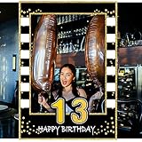 13th Birthday Selfie Photo Booth Frame Black and Gold Birthday Party Photo Props - Upgraded Version with Support Cardboard