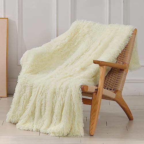 Decorative Extra Soft Faux Fur Throw Blanket 50"x 60",Solid Reversible Fuzzy Lightweight Warm Long Hair Shaggy Blanket,Fluffy Cozy Plush Microfiber Fleece Comfy Blanket for Couch Sofa Bed,Light Yellow