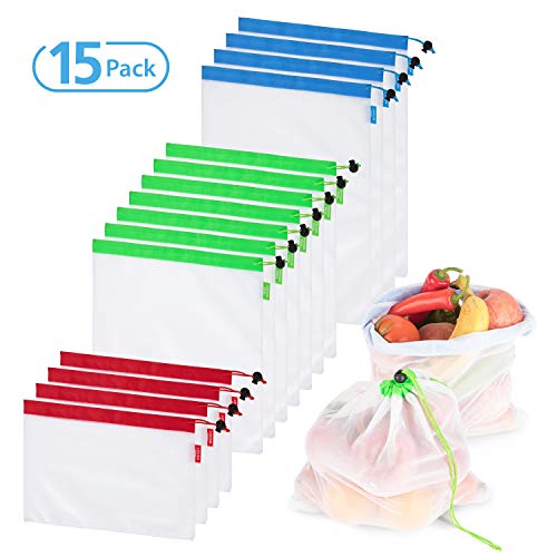 Reusable Mesh Produce Bags Set Of 15 Pcs,3 Sizes Eco-Friendly, Lightweight Washable and See Through -With Double Stitched Strength & Colorful Tare Weight