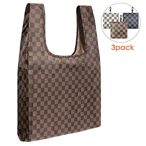 WODKEIS Foldable Reusable Grocery Bags 3Pcs Reusable Shopping Tote Bags Heavy Duty Grocery Tote Bags Reusable Bag Lightweight Shopping Bag Foldable into Attached Pouch, White/Green/Brown
