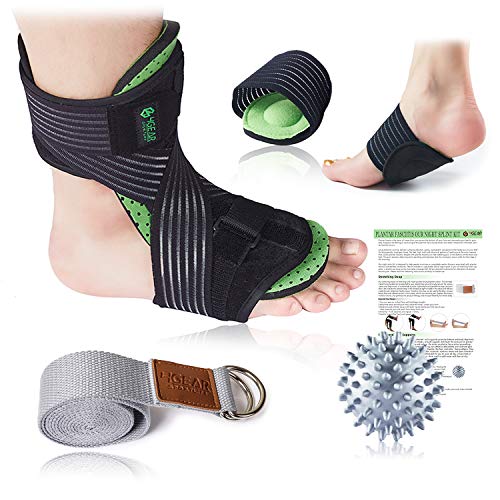 Plantar Fasciitis Night Splint Kit - 5pcs- Adjustable Foot Dorsal Night Splint, Cushioned Arch Supports, Stretching Strap, Spiky Massage Ball & Instruction Manual- Fast Foot & Heel Pain Relief