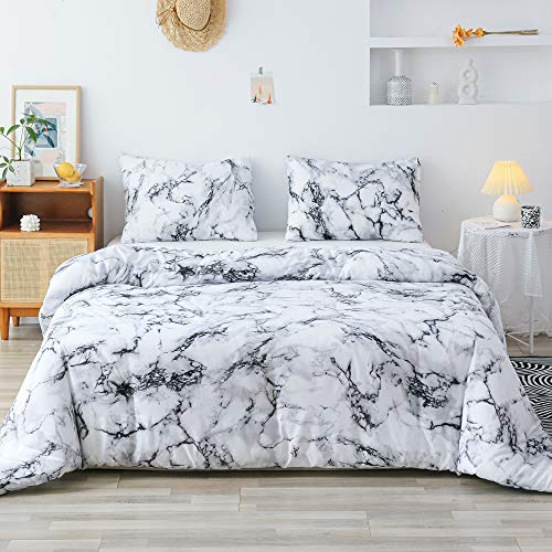 Book Cover Smoofy Queen Comforter Set, White Marble Pattern Printed Bed Comforter, Soft Fabric with Brushed Microfiber Fill Bedding(1 Comforter, 2 Pillowcases)