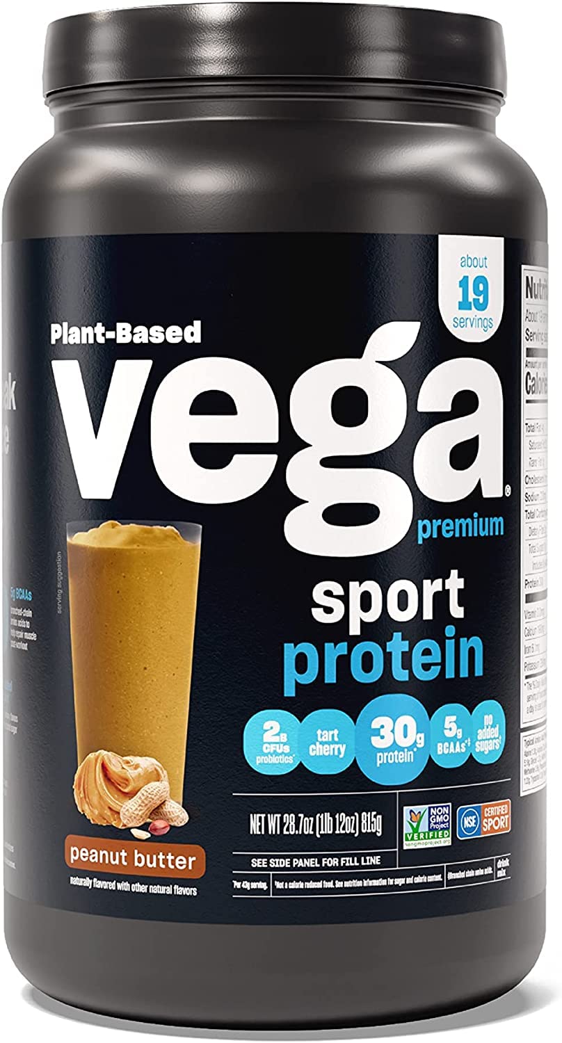 Vega Sport Premium Vegan Protein Powder Peanut Butter (19 Servings) 30g Vegan Protein, 5g BCAAs, Low Carb, Keto, Dairy Free, Gluten Free, Pea Protein for Women & Men, 1.8lbs (Packaging May Vary)