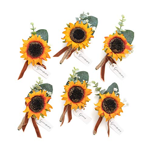 Ling's Moment Sunflower Boutonniere for Men Wedding with Pins, Set of 6, Groom and Groomsmen Boutonniere for Wedding Ceremony Anniversary, Dinner Party, Prom Flowers and Fall Vintage Wedding