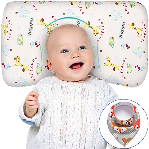 Book Cover Acksonse Baby Pillow for Sleeping Memory Foam Age for 3-36 Months Infant Pillow Toddler Pillow Head Shaping Prevent Flat Head Syndrome Organic Cotton Cover Newborn Gift for Girls Boys with Baby Bib