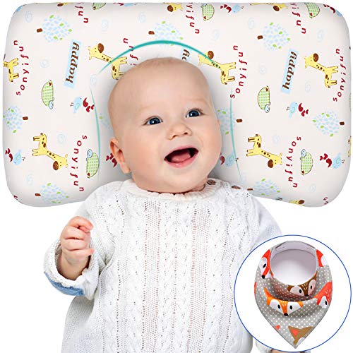 Acksonse Baby Pillow for Sleeping Memory Foam Age for 3-36 Months Infant Pillow Toddler Pillow Head Shaping Prevent Flat Head Syndrome Organic Cotton Cover Newborn Gift for Girls Boys with Baby Bib