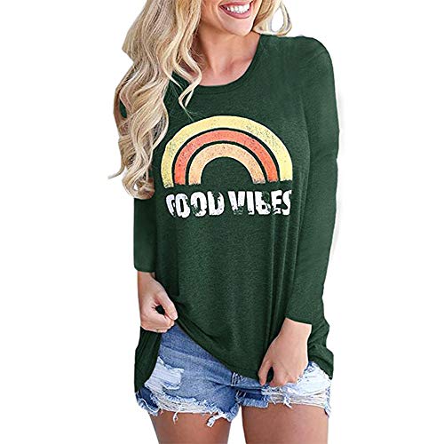New Good Vibes Long Sleeve Blouse Funny Letter Print Novelty Tees Shirts for Women