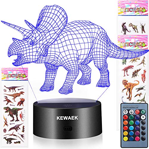 Dinosaur Toys - 3D Dinosaur Night Lights for Kids, 7 Colors Changing Decor Lamp with 3 Dinosaur Stickers, Christmas and Birthday Gifts for Boys Girls