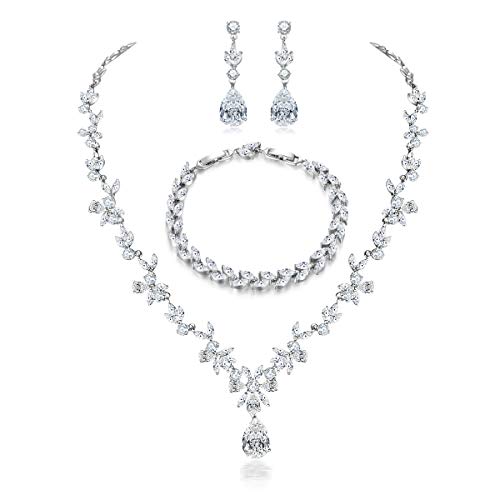 Hadskiss Jewelry Set for Women, Wedding Party Jewelry for Bridal Bridesmaid, Necklace Dangle Earrings Bracelet Set with White AAA Cubic Zirconia