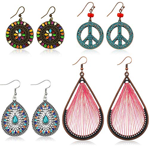 4 Pairs Bohemian Vintage Dangle Earrings Retro Rhinestone Earrings Boho Dangle Drop Earrings for Women Girls (Style G)