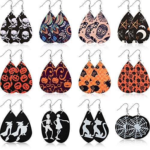 12 Pairs Halloween Earrings Teardrop Earrings Faux Leather Dangle Earrings for Halloween Costume Party Decoration Supplies
