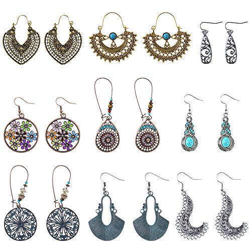 MerryXD Bohemian Vintage Earrings, Retro Rhinestone Boho Statement Earrings National Style Hollow Water Drop Heart Shaped Dangle Earrings for Women Girls (9 Pairs)