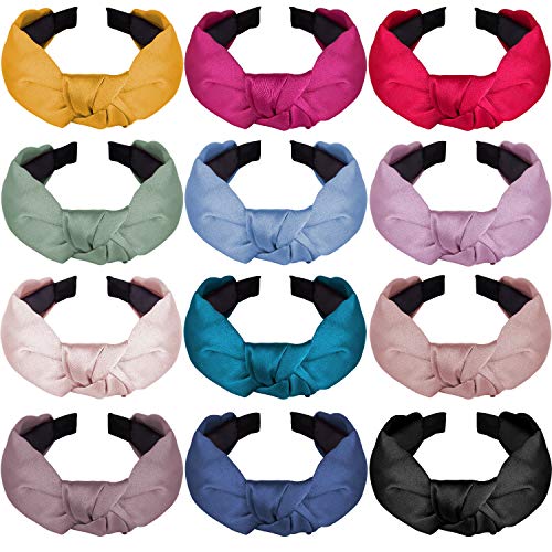 SIQUK 12 Pieces Top Knot Headband Satin Cross Knot Headband Twist Knot Headbands for Women and Girls