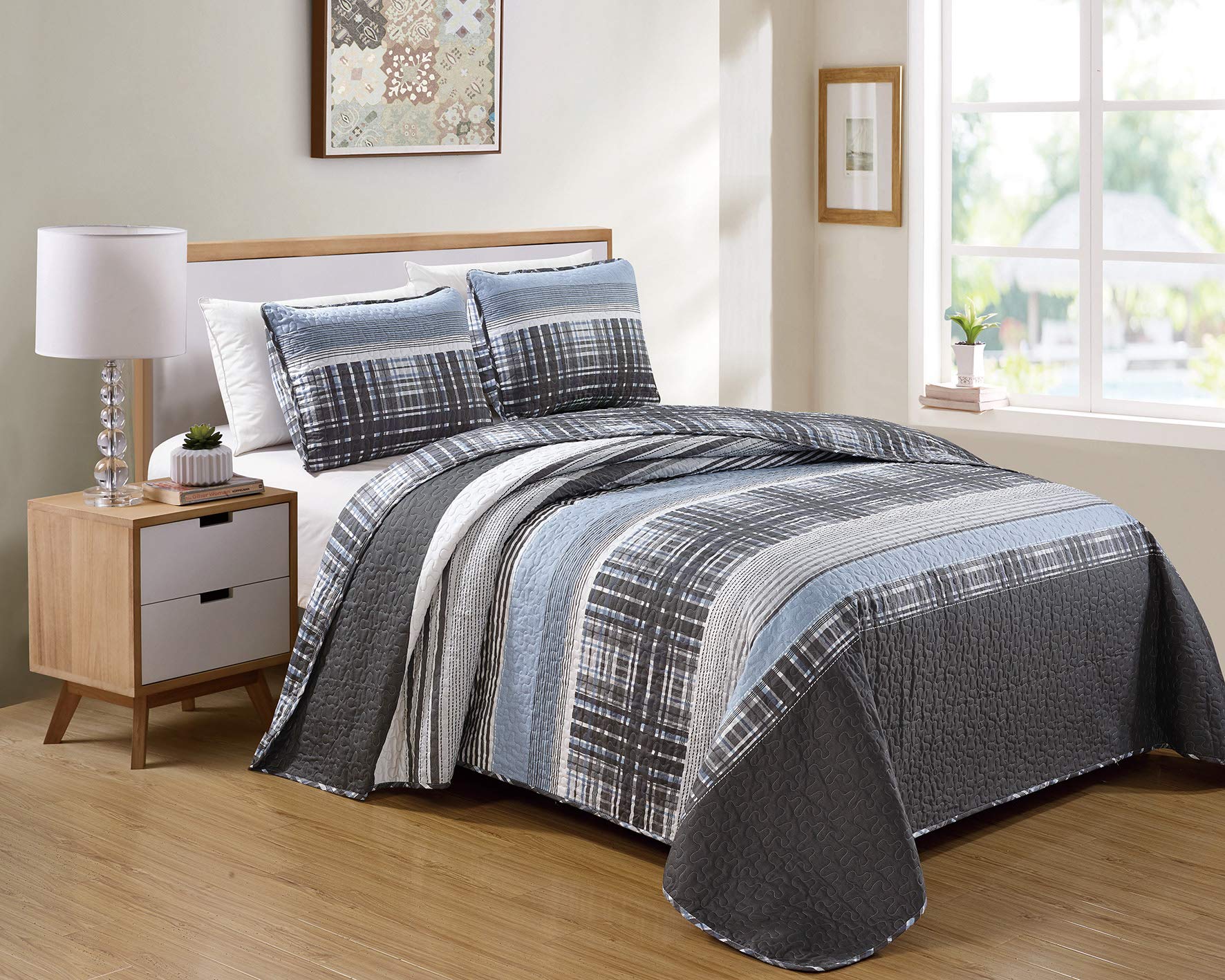 Book Cover Luxury Home Collection 3 Piece King/California King Quilted Reversible Coverlet Bedspread Set Modern Plaid Blue Gray White